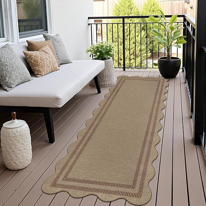 Scalloped Easy Jute Hallway Runner Rug, 2.6x8 Kitchen Non Slip Runner Washable Outdoor Indoor Long Rug, Farmhouse Morden Carpet for Porch Bedroom Laundry
