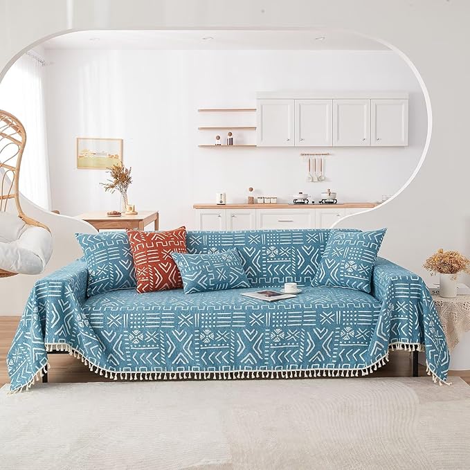 VClife Boho Blue White Couch Cover Plush Soft Chenille Couch Cover for 3-4 Cushion Couch Sofa, 1 PC Washable Breathable Bohemian Sofa Cover for Sectional Couch Thick Furniture Protector 71" x 150"