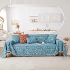 VClife Boho Blue White Couch Cover Plush Soft Chenille Couch Cover for 3-4 Cushion Couch Sofa, 1 PC Washable Breathable Bohemian Sofa Cover for Sectional Couch Thick Furniture Protector 71" x 150"