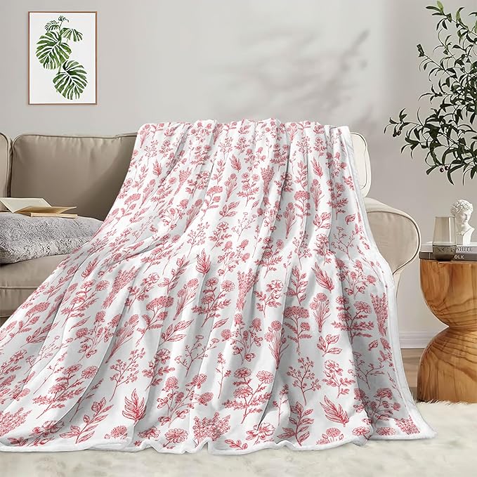 Floral Fuzzy Blanket Red Floral Throw Blanket, Botanical Flowers Blankets, Soft, Flannel, Warm, Boho Flowers Bed Blankets All Season for Couch Bedroom Living Room 60X70 Inch