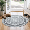 Lessymo 4FT Washable Round Area Rugs for Living Room, Non Slip Circle Rugs Low Pile Vintage Carpet for Bedroom, Dining Room, Nursery, Home Office, Grey White