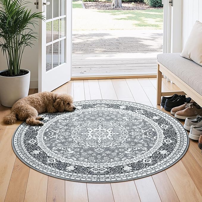Lessymo 4FT Washable Round Area Rugs for Living Room, Non Slip Circle Rugs Low Pile Vintage Carpet for Bedroom, Dining Room, Nursery, Home Office, Grey White