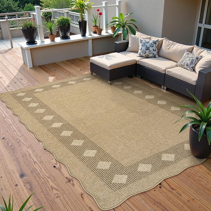 LIVEBOX Easy Jute Diamond Rug for Living Room, Scalloped Washable 5x7 Tan Rug for Bedroom, Geometric Checkered Non-Slip Indoor Outdoor Rug Dining Room Modern Carpet Area Rug for Patio Home Office Mat