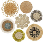 7Pack Boho Wall Basket Set Hanging Woven Wall Basket Decor Rattan Flat Round Wicker Wall Art Set Round Wall Art for Living Room Kitchen Office Bathroom Dining Room (Style 5)