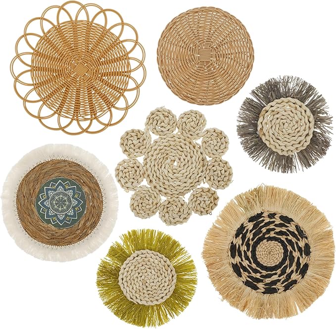 7Pack Boho Wall Basket Set Hanging Woven Wall Basket Decor Rattan Flat Round Wicker Wall Art Set Round Wall Art for Living Room Kitchen Office Bathroom Dining Room (Style 5)