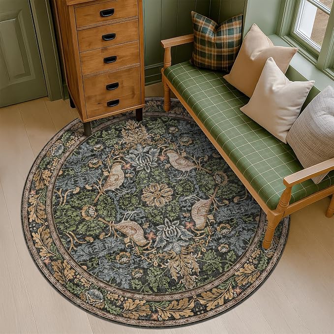 Vintage 5ft Round Rug for Reading Corner, Bedroom, Farmhouse Dining Room, Soft Ultra-Thin Non-Slip Washable Rug, Forest Green Bird Floral Décor for Kitchen & Nursery