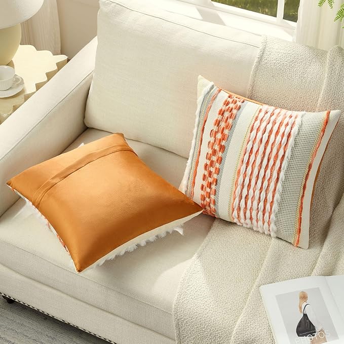 FUTEI Orange Accent Throw Pillow Covers Set of 2, 18x18 Inch Plush Tufted Striped Textured Decorative Cushion Cases for Farmhouse Boho Couch Decor