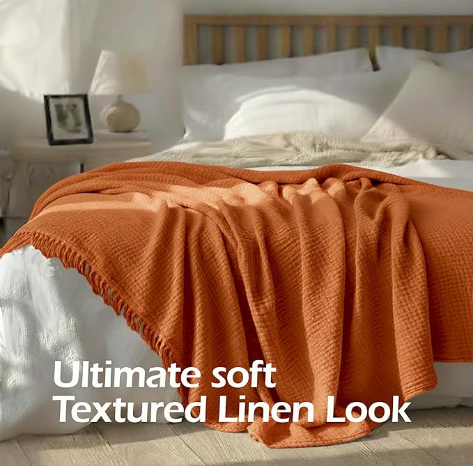 KyraHome Muslin Throw Blankets for Adults, Kid, 50"x60",100% Cotton Plant Dyed, Breathable, Lightweight Gauze Soft Cotton Blanket for Couch, All Season (Terracotta/Rust Orange)