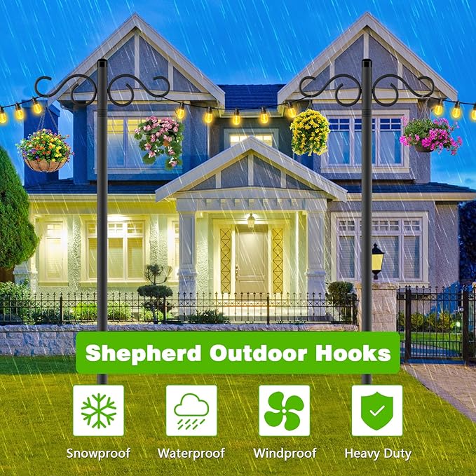 Double Shepherds Hooks for Outdoor,3 Pack 90 Inch Bird Feeder Pole with 5 Prongs Base,Heavy Duty Shepherds Hook,Suitable for Garden in Hanging Flower Basket,Lantern,Bird Nests (3 Pack 90 inch)