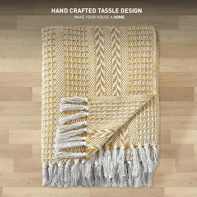 Chardin home Yellow Braided Waffle Weave Throw, 50x60 Inch Recycled Cotton- Large, Wearable, Breathable, Skin-Friendly Everyday use Blanket for Couch, Bed, Sofa - Soft Lightweight Picnic Rug