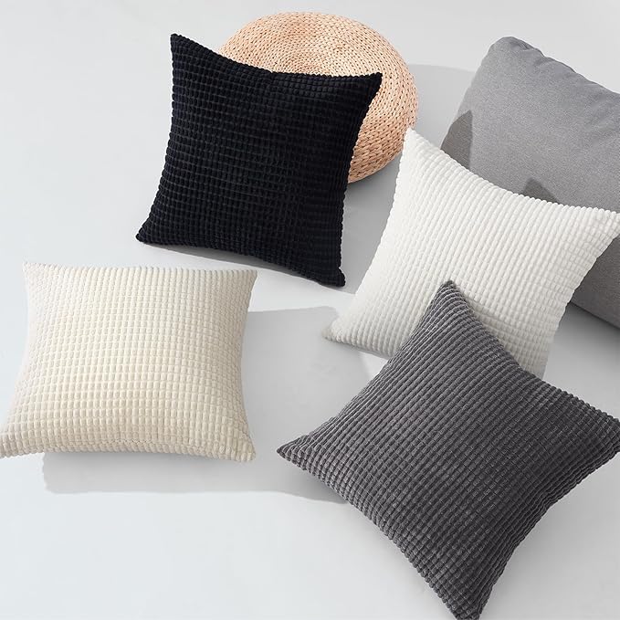 Topfinel 4 Packs Black and White Decorative Throw Pillow Covers 24x24 Inch for Living Room Couch Bed Sofa, Boho Western Farmhouse Home Decor, Square Soft Moss Corduroy Fall Cushion Case 60x60 cm