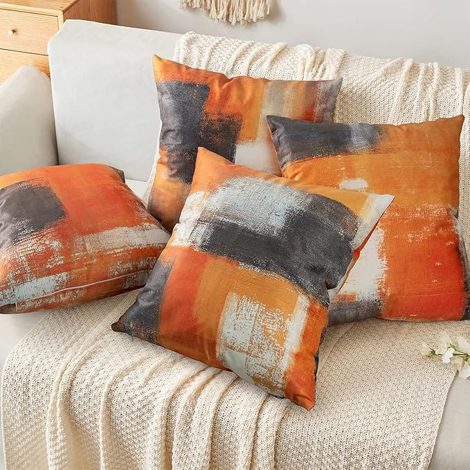 COLORPAPA Burnt Orange Throw Pillow Covers 18x18 Set of 4 Decorative Cushion Cover Taupe Abstract Art Painting Pillowcase for Sofa Bedroom Living Room Décor