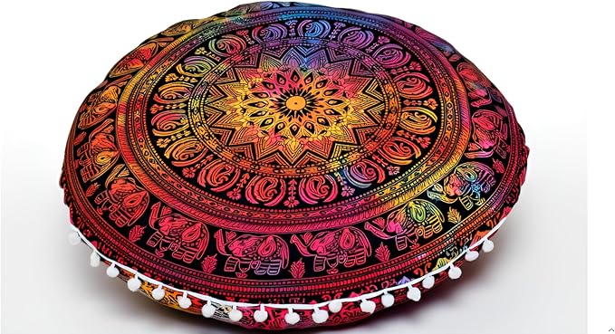 Round Mandala Floor Pillow Cover Seating Cushion Throw Cover Hippie Decorative Bohemian Ottoman Pouf Cover, Pom Pom Pillow Cases,Boho Indian 22 Inches (Multi Elephant Flower)