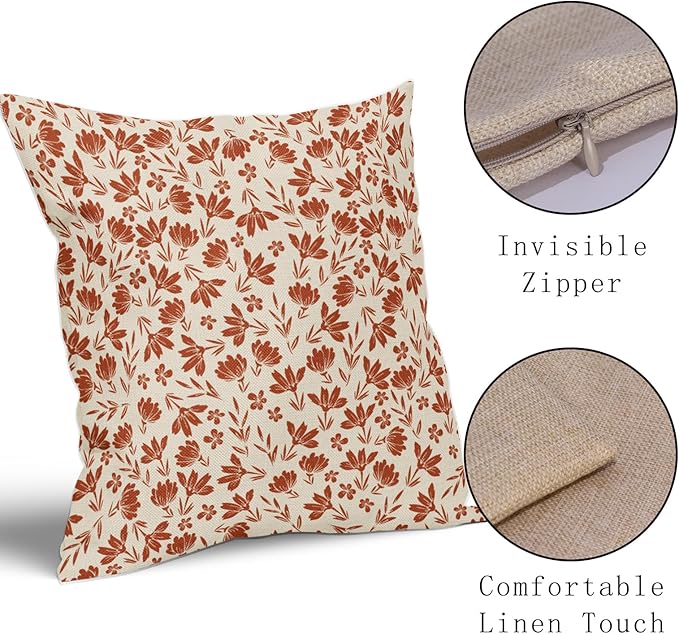 Burnt Orange Floral Pillow Covers 18x18 Set of 2 Vintage Rustic Old Style Cute Flower Orange Cream Print Decorative Outdoor Pillowcases Fall Farmhouse Throw Cushion Case Decor for Couch Sofa Bed