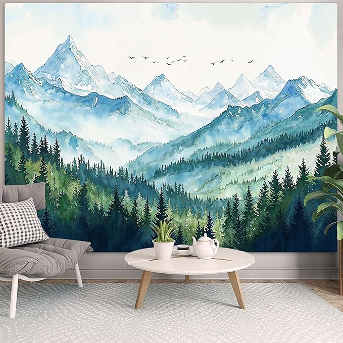 Accnicc Nature Forest Mountain Tapestry Green Misty Pine Tree Wall Tapestry for Bedroom Aesthetic Watercolor Woods Landscape Small Tapestries Wall Hanging for Living Room Dorm Decor 48 x 36 Inch