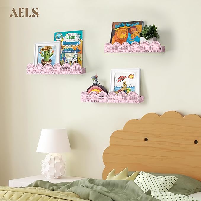 AELS Scalloped Nursery Bookshelf, Set of 3, Picture Ledge Shelf for Wall Decor, Woven Natural Fibre Floating Shelves for Books, Toys, Photo Frame, Nursery, Boho Modern Farmhouse Book Shelf, Pale Pink