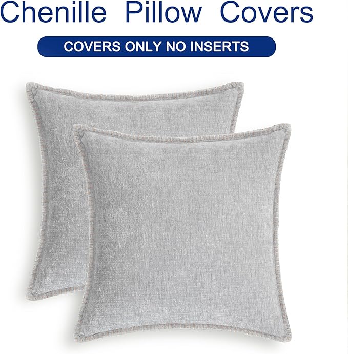 CaliTime Throw Pillow Covers Decorative 22 X 22 Inches Pack of 2 Cotton Thread Stitching Edges Solid Dyed Soft Chenille Cushion Cases for Couch Sofa Bed Living Room Farmhouse Moonbeam Gray