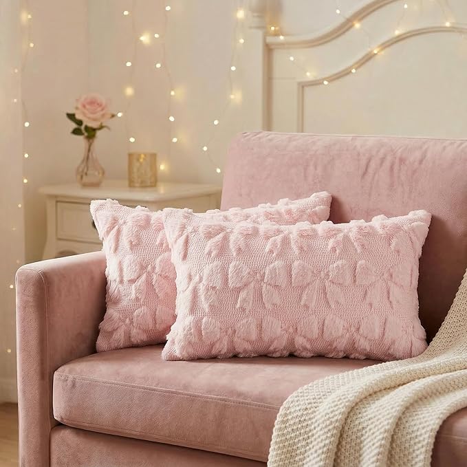 AVOIN colorlife Pink Spring Bow Throw Pillow Covers Set of 2, 12 x 20 Inch Coquette Aesthetic Room Decor Soft Plush Faux Fur Cushion Case for Girls Room