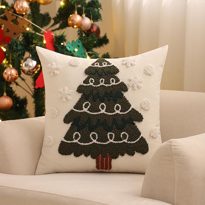 Tosleo Christmas Tufted Pillow Covers 18 x 18 inch Set of 2 Green Xmas Tree with Snowflake Throw Pillow Cover Party Decor Winter Holiday Embroidery Cushion Case for Sofa Couch Bed Living Room