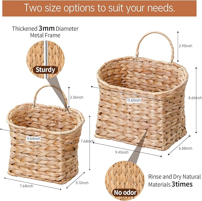 Wicker Hanging Basket,Woven Hanging Wall Basket for Organizing and Decor,Natural Water Hyacinth Wall Mounted Storage Baskets for Farmhouse Home,Door,Entryway,Flower,Mail,Plant,Set of 2
