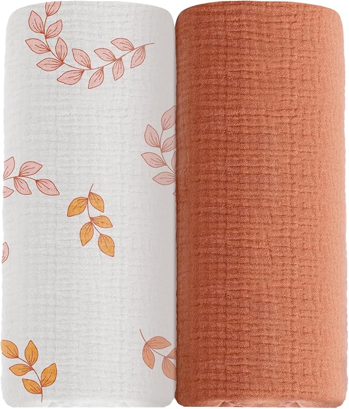 meowcards Muslin Swaddle Blankets for Baby, Unisex Baby Boys Girls Essentials, Large 47 x 47 inches, Boho Receiving Blankets Newborn Registry Must Haves (Brick Leaf, Printed)