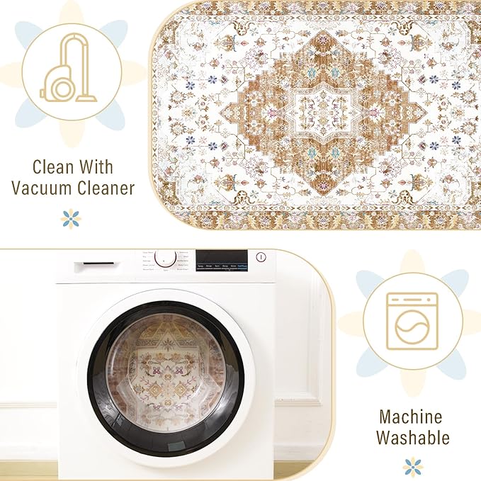 Amearea Vintage Design Area Rugs for Living Room, 4x6 Machine Washable Floral Collection Traditional Bedroom Rug, Low Pile Cute Kids Room Print Carpet, No Slip Office Kitchen Home Decor, Gold Yellow