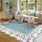 Lahome Floral Area Rug for Living Room, Washable Rugs 5x7 Soft Low Pile Scalloped Large Rugs for Bedroom, Farmhouse, Dining Room, Kids, Ariele Blue