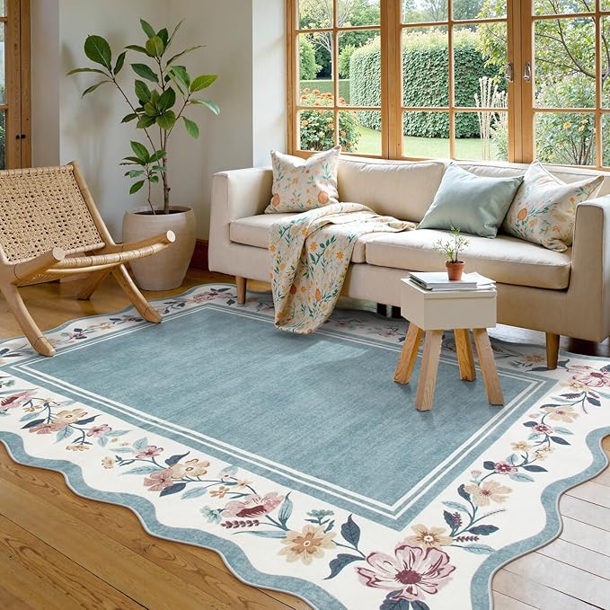 Lahome Floral Area Rug for Living Room, Washable Rugs 5x7 Soft Low Pile Scalloped Large Rugs for Bedroom, Farmhouse, Dining Room, Kids, Ariele Blue