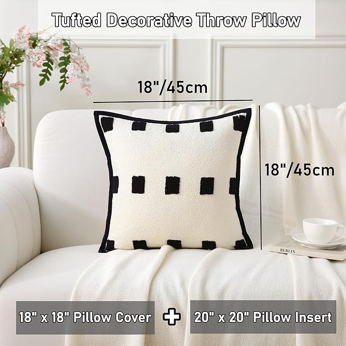 Boho Decorative Throw Pillows with Inserts, 18" x 18" Soft Tufted Modern Chenille Pillow, Pillows for Home, Patio, Couch, Bedroom, Living Room (Black Square - White Background)