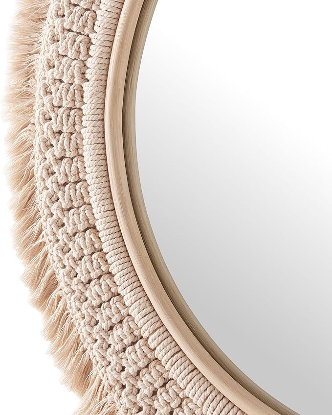 Jade Round Boho Wall Mirror with Natural Rattan Frame and Handwoven Macrame Fringe – Hanging Accent Mirror for Bathroom, Bedroom, or Nursery