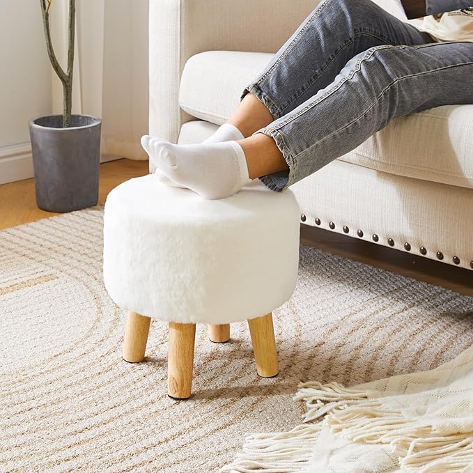 YMYNY Round Pouf Ottoman Small Foot Stool Faux Fur Foot Rest for Couch Modern Boho Footstools with Wood Legs for for Living Room Bedroom Office 12.6" D×12.6" W×12.6" H White UHBD035W