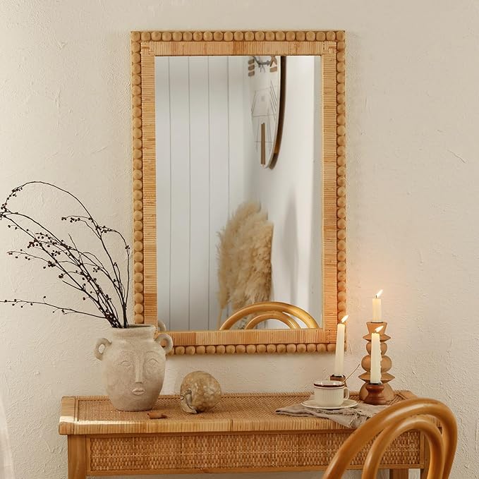 Rattan Wall Mirror - Boho Mirror Hanging Wicker Mirror for Bathroom Entryway Wall Decor, 20" x 30", Rectangle