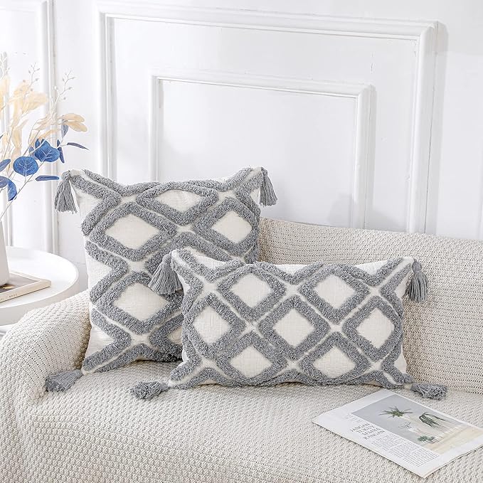 PANOD Super Soft Farmhouse Decorative Plush Throw Pillow Covers 12 x 20 Grey,Solid Diamond Pattern Tufted with Tassels Modern Accent Boho Lumbar Cushion Cover Pillow Case for Couch Sofa