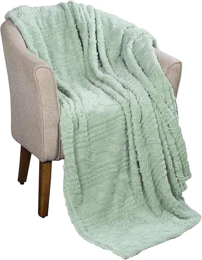 Superior Fleece Boho Jacquard Blanket, Decorative Blankets for Bedroom, Sofa, Fuzzy, Plush, Fluffy, Soft, Cute Room Decor, Beautiful Cover, Comfort Essentials, Arctic Collection, Full/Queen, Sea Foam