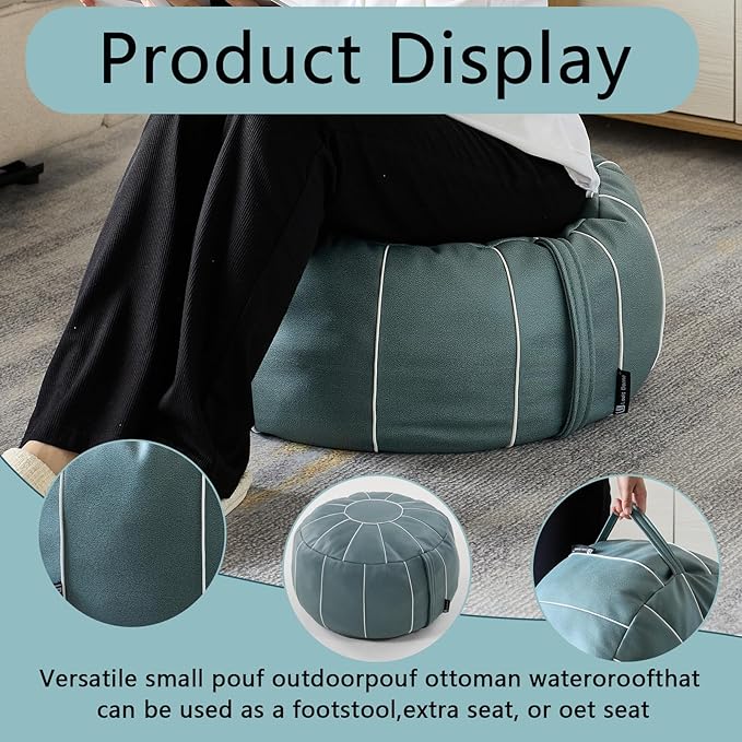 Louis Donné 21 Inch UNSTUFFED Moroccan Pouf Ottoman Cover, Handmade Faux Leather Foot Stool, Round Storage Poof Cover, Exotic Décor for Living Room Bedroom or Wedding Gifts ONLY Cover(Blue)