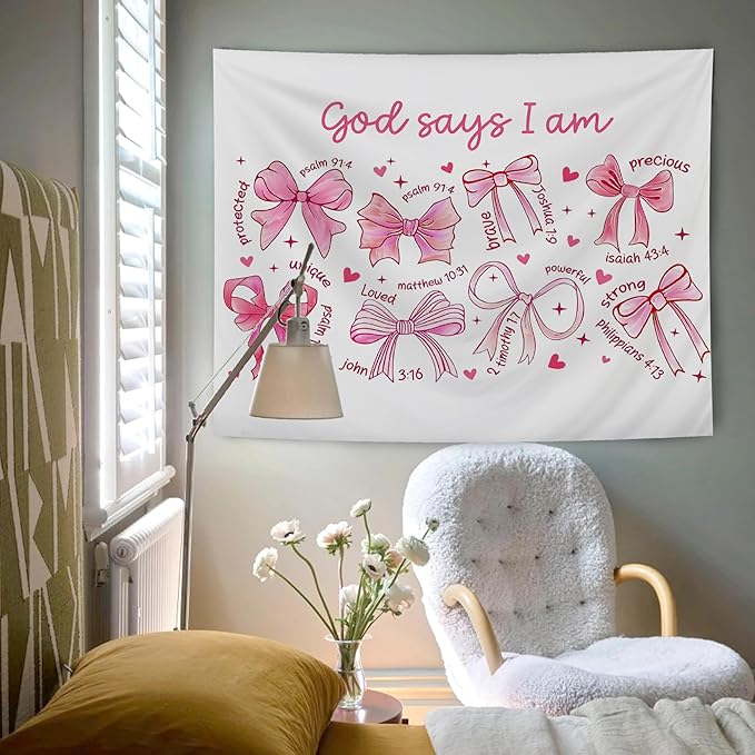 AQYIP Preppy Pink Bow Christian Tapestry Wall Hanging, God Says I Am Cute Inspirational Bible Verse Tapestry Decorative, Pink Girly Christian Wall Decor for Room, 50x60 Inch