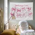 AQYIP Preppy Pink Bow Christian Tapestry Wall Hanging, God Says I Am Cute Inspirational Bible Verse Tapestry Decorative, Pink Girly Christian Wall Decor for Room, 50x60 Inch