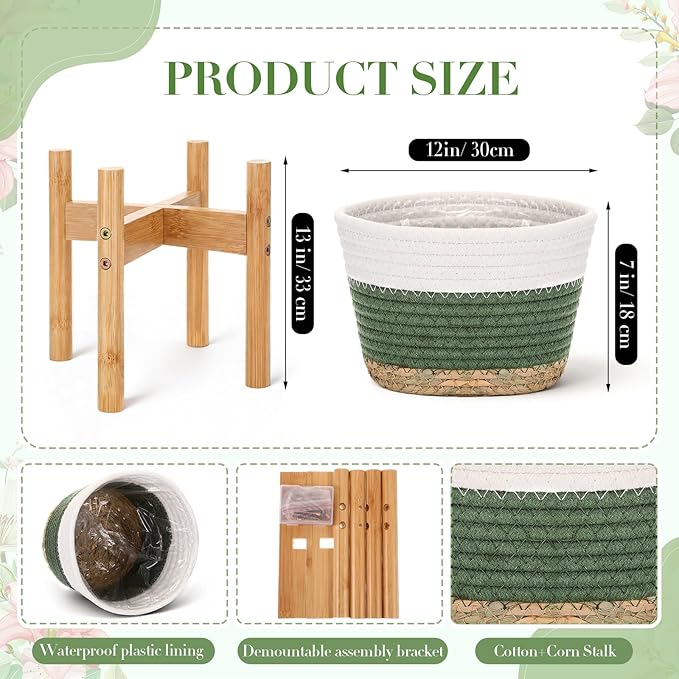 Remerry Plant Basket with Stand, Cotton Rope and Wicker Plants Baskets Indoor with Plastic Liner and Stand, Green White Woven Flower Pot for Indoor Home Living Room Floor Potted Decor(12inch)