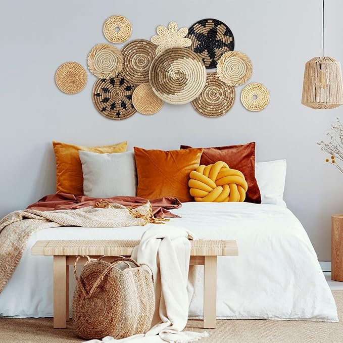 11 Pcs Boho Hanging Wall Basket Decor Handmade Woven Basket Wall Decorative Boho Wicker Baskets Placemats Round Farmhouse Bulrush Art for Rustic Home Decorations Christmas Gift(Rustic)
