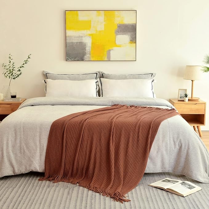 Blagic Knitted Throw Blanket for Couch,Soft Farmhouse Boho Fall Throw Blanket with Tassels,Home Decorative Lightweight Throw Blankets, Orange Rust Throws for Bed/Chair/Sofa, 60" W x 80" L