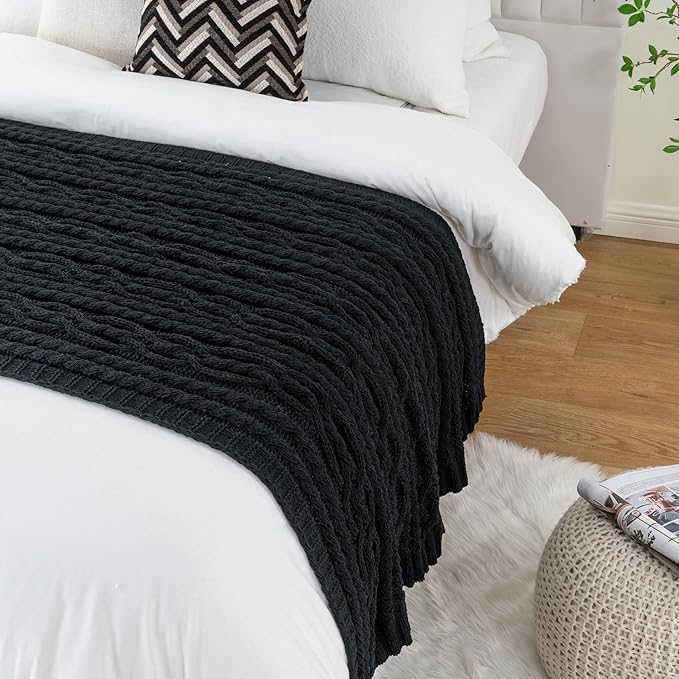 Battilo Black Throw Blanket for Couch, Cable Knit Blanket for Bed,Chair, Home Decor, Soft Cozy Woven Chenille Throw Blanket, Decorative Boho Throw Blanket, 51"x67"