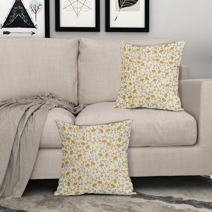 Green Yellow Floral Pillow Covers 18x18 Set of 2 Vintage Rustic Old Style Cute Small Flower Print Decorative Outdoor Pillowcases Farmhouse Throw Cushion Case Decor for Couch Sofa Bed