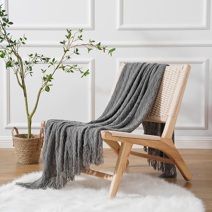 BATTILO HOME Dark Grey Throw Blanket for Couch, Textured Solid Soft Sofa Throw, Knitted Decorative Grey Blanket, 50"x60"