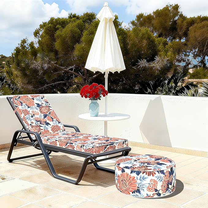 Indoor/Outdoor Inflatable Ottoman with Handle, Decorative Fade-Resistant Round Footstool D21 x H9 inch, Portable Ottoman Pouf for Patio Garden Camping, Red Chrysanthemum