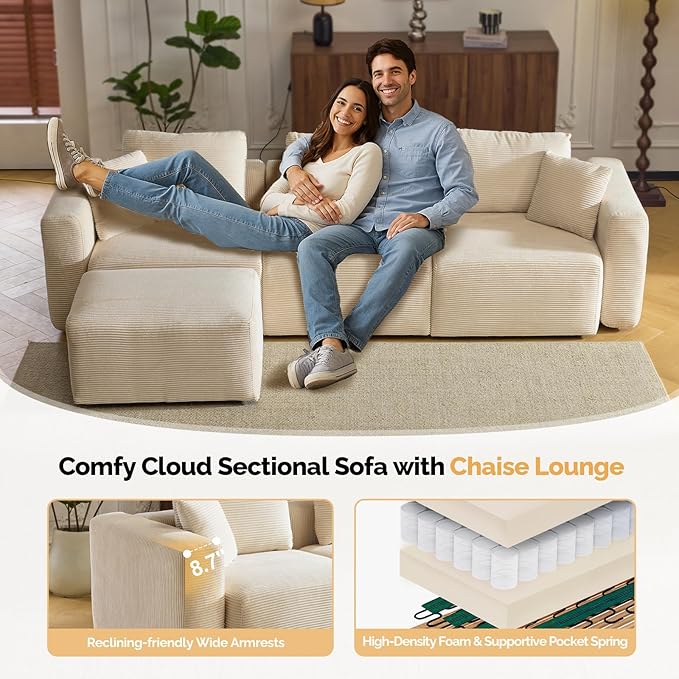VINGLI 112.2“ Convertible Corduroy Cloud Sectional Couches with Movable Ottoman, L-Shaped Boneless Couches for Living Room with Deep Seat, 3 Seater Modular Spineless Sofa, No Assembly Required, Cream