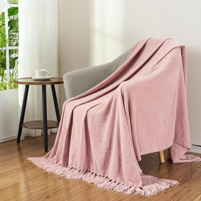 Chenille Throw Blanket for Couch with Tassels,60"X80" Soft Cozy Lightweight Knitted Boho Decorative Blankets for Bed and Sofa,Pink