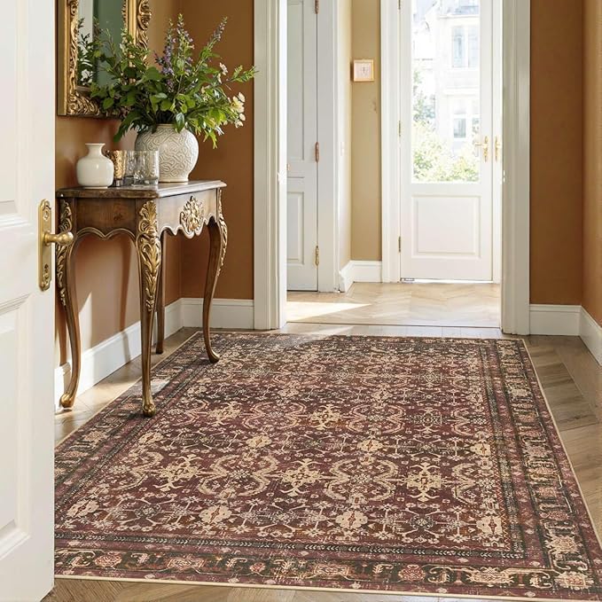 Area Rugs for Living Room Bedroom, Washable Christmas Rug, Vintage Oriental Boho Rug, Non Slip & Low Pile Faux Wool Thin Accent Carpet for Indoor Dining Room, Kids Room and Office(Red 4x6ft)