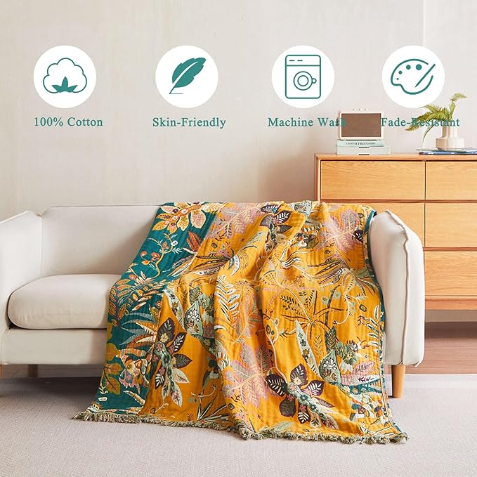 Boho Throw Blanket - 50"x60" Soft Cotton Throw Blanket Muslin Blankets for Bed, Reversible Lightweight Spring Blanket with Floral Printed, All Season Farmhouse Decor Rustic Blanket