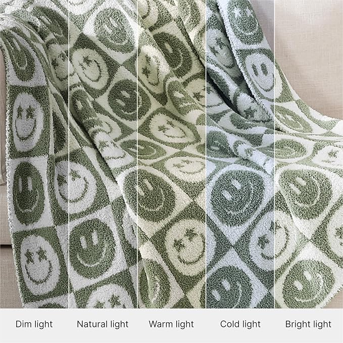 WRENSONGE Checkered Throw Blanket Seagrass Smiling Face Soft Cozy Fluffy Warm Hand Made Weave Throw Blankets for Couch, Sofa, Chair, Bed, Camping, Picnic, Travel Lightweight Bed Blanket - 60"*80"