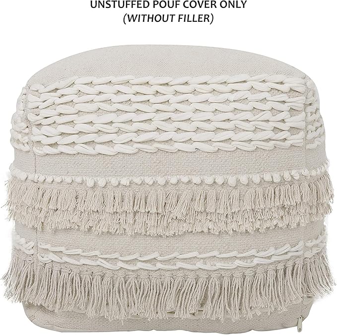 REDEARTH · UNSTUFFED Pouf Ottoman Cover Boho Textured Storage Cube Poof, Farmhouse Accent Pouffe Footrest for Living Room, Bedroom, Nursery, kidsroom, Nook; 100% Cotton (18x18x18; Natural)